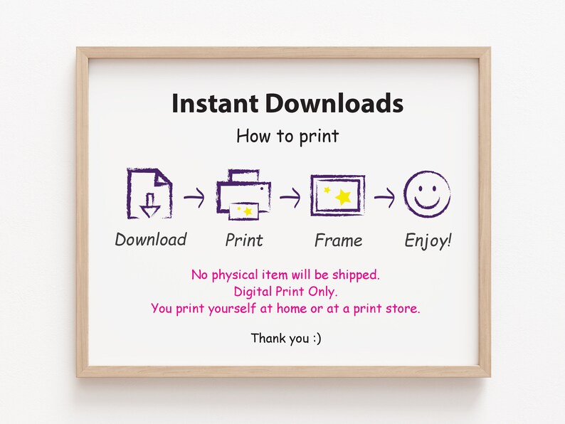 Pode incluir: Um gr&aacute;fico de download digital com instru&ccedil;&otilde;es sobre como imprimir, enquadrar e aproveitar uma impress&atilde;o digital. O gr&aacute;fico inclui um &iacute;cone de download, um &iacute;cone de impressora, um &iacute;cone de moldura e um rosto sorridente. O texto diz "Downloads instant&acirc;neos", "Como imprimir", "Baixar", "Imprimir", "Moldura", "Aproveite!", "Nenhum item f&iacute;sico ser&aacute; enviado. Impress&atilde;o digital apenas. Imprima voc&ecirc; mesmo em casa ou em uma loja de impress&atilde;o. Obrigado :)"