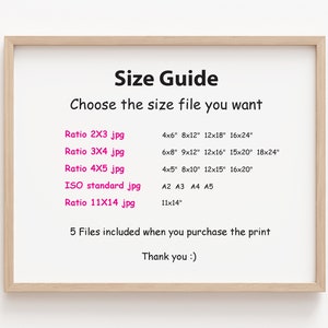 Pode incluir: Um cartaz emoldurado branco com um cabe&ccedil;alho de texto rosa "Guia de tamanhos" e uma lista de diferentes tamanhos e propor&ccedil;&otilde;es para arquivos digitais. O texto inclui "Escolha o arquivo de tamanho que voc&ecirc; deseja", "Ratio 2X3 jpg", "Ratio 3X4 jpg", "Ratio 4X5 jpg", "ISO standard jpg", "Ratio 11X14 jpg", "4x6" 8x12" 12x18" 16x24", "6x8" 9x12" 12x16" 15x20" 18x24", "4x5" 8x10" 12x15" 16x20", "A2 A3 A4 A5", "11x14", "5 arquivos inclu&iacute;dos ao comprar a impress&atilde;o", e "Obrigado :)".