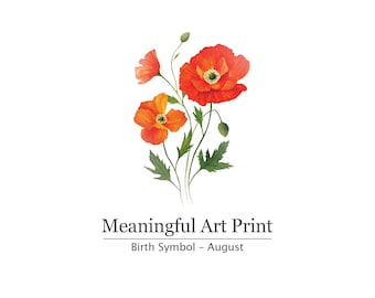 Impressão da flor de nascimento de agosto, arte de parede em aquarela de papoula, decoração floral botânica para imprimir, presente de aniversário de verão