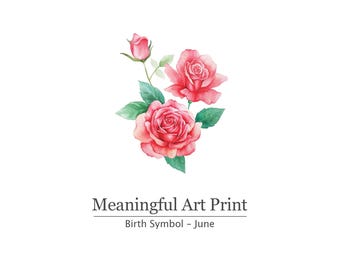 Impressão da flor de nascimento de junho, arte de parede em aquarela de rosas, decoração floral botânica para imprimir, presente de aniversário de verão