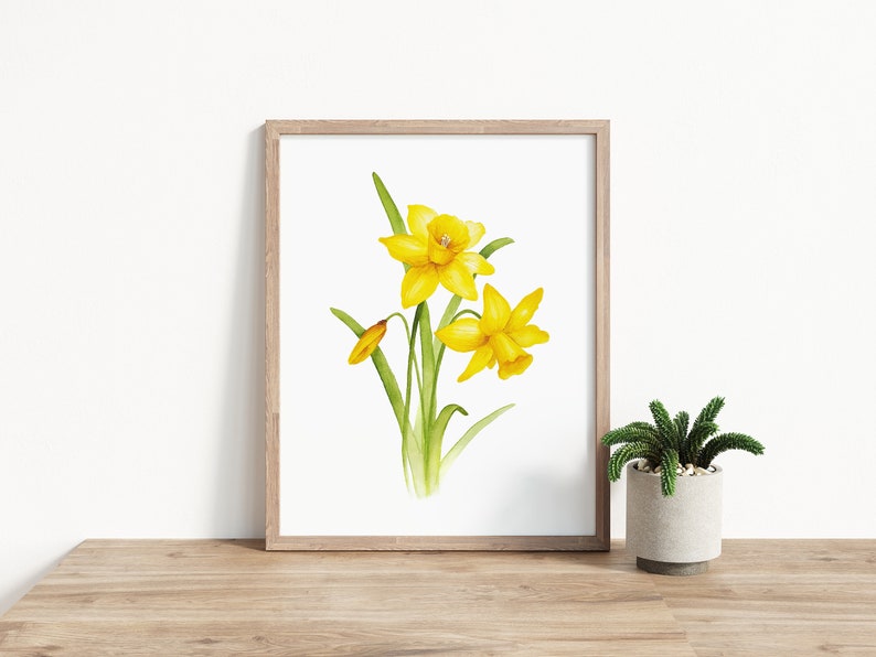 Pode incluir: Uma pintura em aquarela de narcisos amarelos com caules e folhas verdes em uma moldura branca simples.