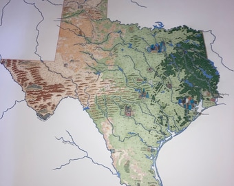 May include: Hand-drawn map of Texas with detailed illustrations of the state's geography, including rivers, cities, and terrain. The word "Texas" is written in cursive at the top. The map is rendered in shades of green, brown, and blue.