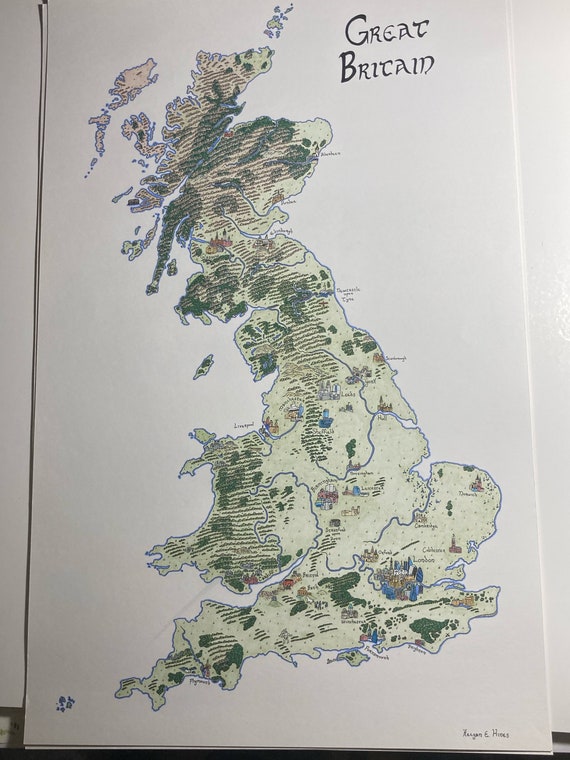 Fantasy-style Map of Great Britain, Prints of Hand-drawn Original