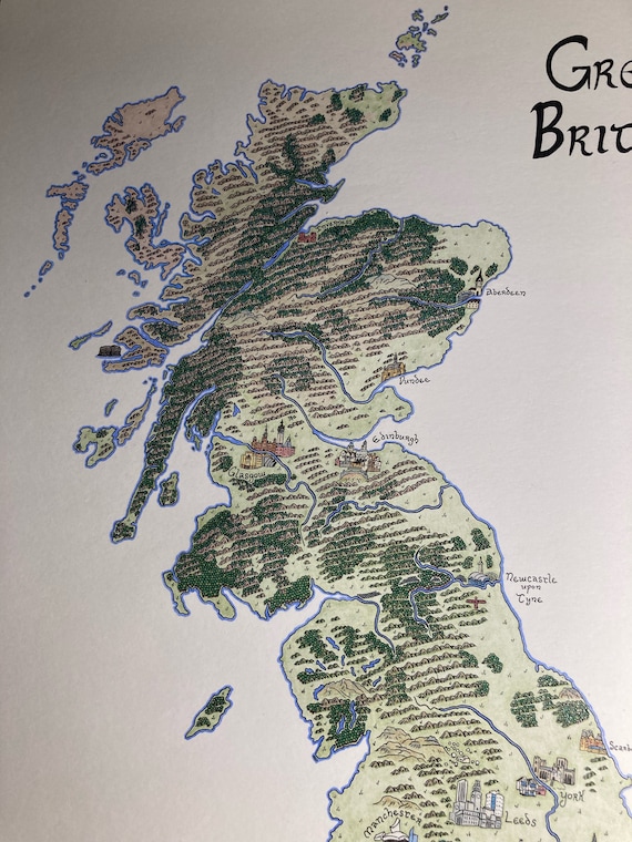 Fantasy-style Map of Great Britain, Prints of Hand-drawn Original