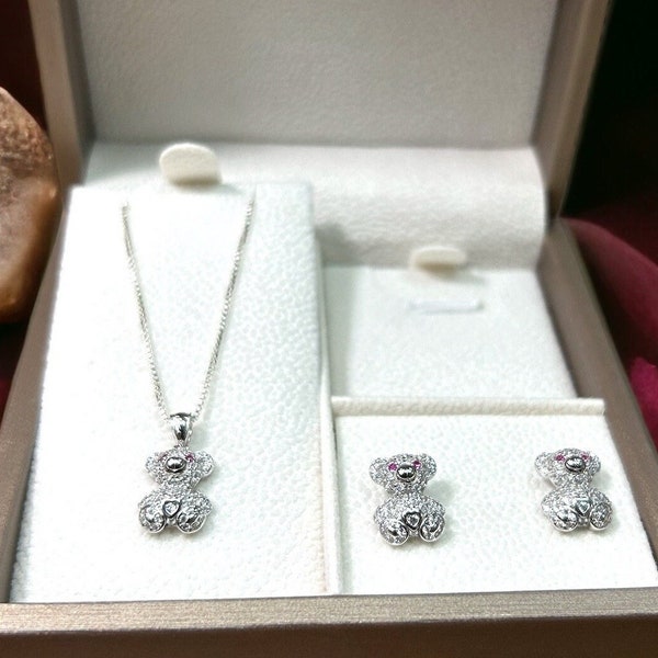 925 Solid Sterling Silver Teddy Bear CZ Set With Necklace Pendant Earrings Gift for Girls and Women