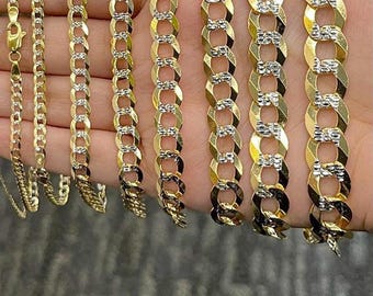 14k Solid Two Tone Pave Gelb und Weißgold Cuban Curb Link Armband Strand Fußkette Halskette Kette Für Männer / Frauen 14 Karat Echtgold Cadena