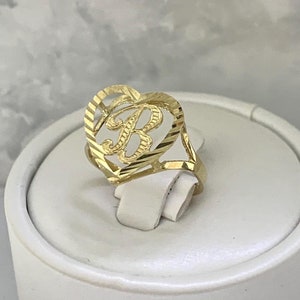Ladies Womens Initial Letter Heart Alphabet 10k Solid Yellow Gold Diamond Cut 10 karat Girls Ring Gift For Her Birthday Anniversary Proposal