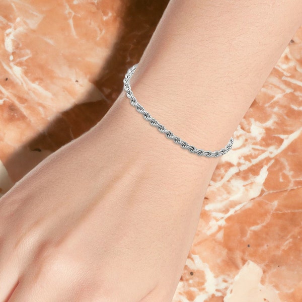 Real 925 Sparkling Sterling Silver Made In Italy Solid Rope Bracelet Anklet For Men Women