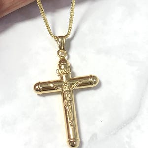 14K Solid Yellow Gold Jesus Christ Crucifix Cross Pendant with Franco Chain Necklace For Men and Women Christmas Gift Real Gold