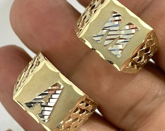 Mens Initial Alphabet 10k Solid White Gold Yellow Gold Diamond Cut 10 karat Men Heavy Ring