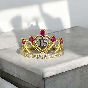 14 Karat Solid Gold 15 years 15 Anniversary Birthday Girls Ladies Heart Ring 14 Karat Real Gold Jewelry Band Quince Anos quinceanera