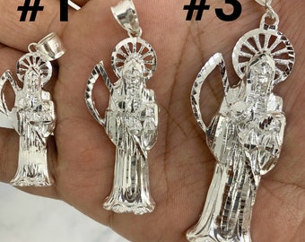 925 Sterling Silver Santa Muerte Religious Solid Italian Silver Medal Pendant Charm Santa Muerte Grim Reaper Jewelry