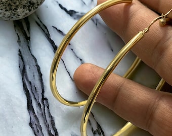 10K Solid Yellow Gold Hoop Plain High Polish Finish Big Earrings for women 3mm