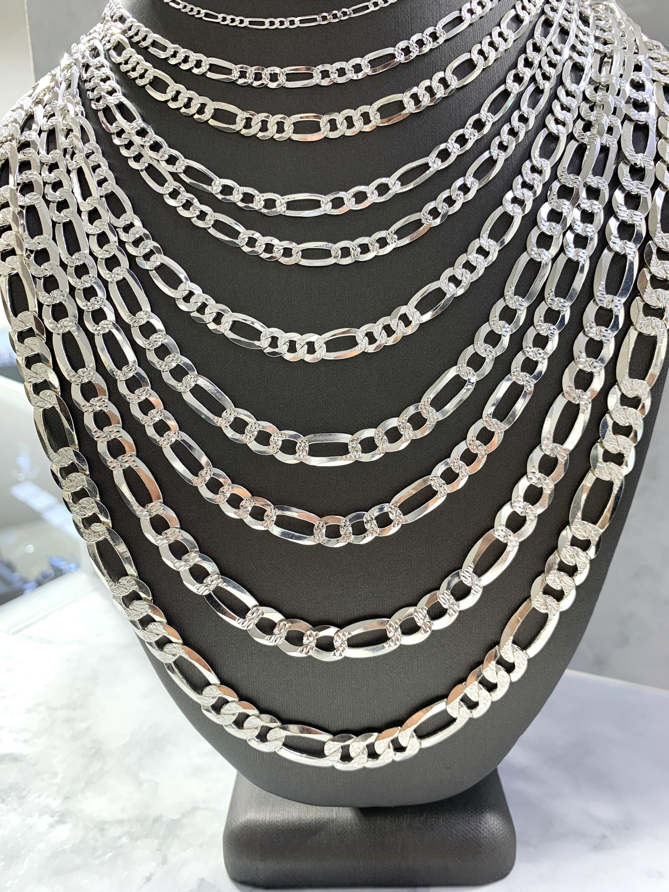 925 Sterling Silver Diamond Cut Solid Figaro Made in Italy Chain 
