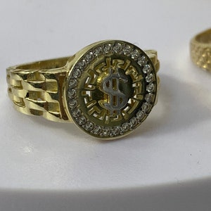 Mens Real Gold 10K Dollar Sign Money Solid Yellow Gold 10 Karat Ring Anillo Mens Jewelry Round