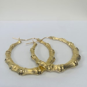 10K Solid Yellow Gold Diamond Cut Round Bamboo Hoops 6mm Earrings for women Real 10 Karat Gold