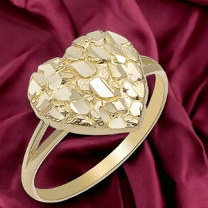 10K Solid Yellow Gold Nugget Heart Ring Diamond Cut for Womens Girls Ladies Bands Jewelry Engagement Ring