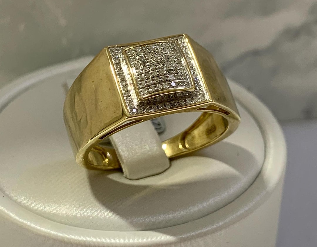 10K Yellow Gold Mens Square Diamond Ring , Pinky Ring, 0.20 Karat Dia ...