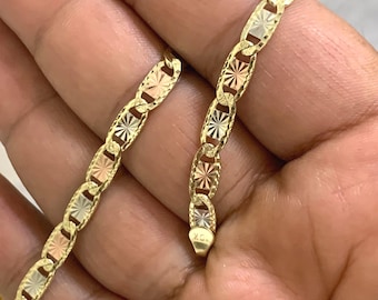 10K Tri Color Solid Yellow White Rose Gold Valentino Flat Anchor Bracelet For Women 7 Inch Real 10 Karat Gold