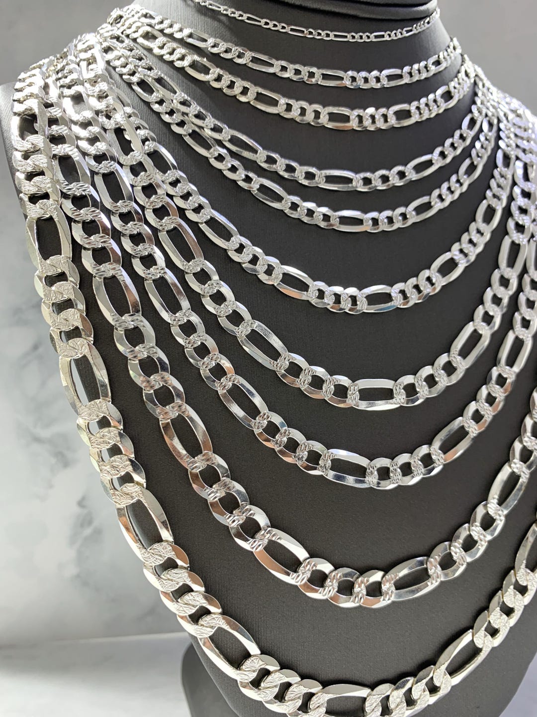 925 Sterling Silver Diamond Cut Solid Figaro Made in Italy Chain Necklace  for Men Women