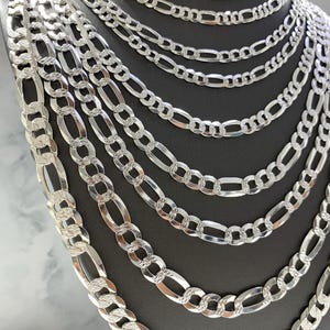 925 Sterling Silver Diamond Cut Solid Figaro Made In Italy Chain Necklace For Men Women