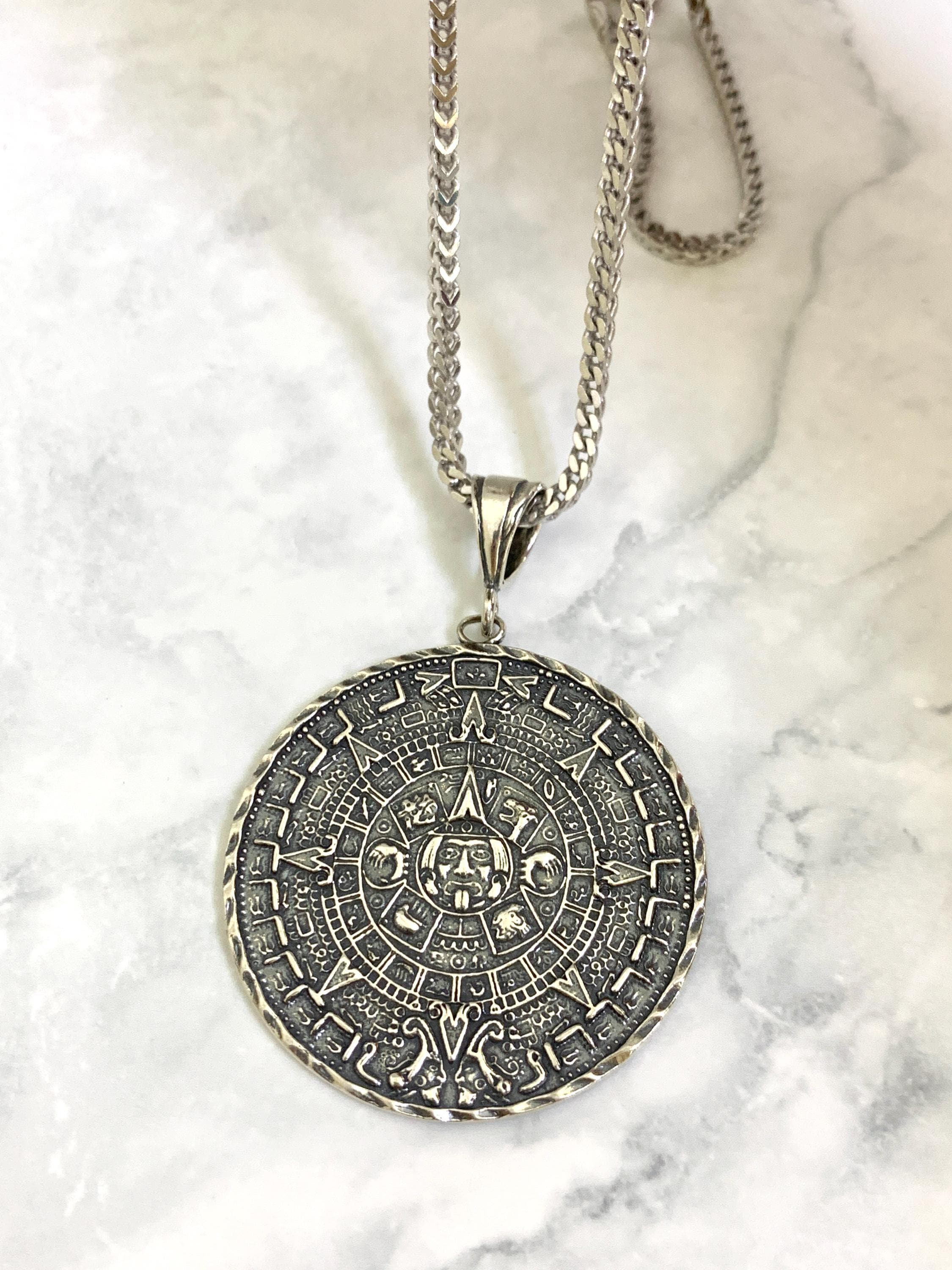925 Sterling Silver Solid Medallion Big Heavy Aztec Mexica