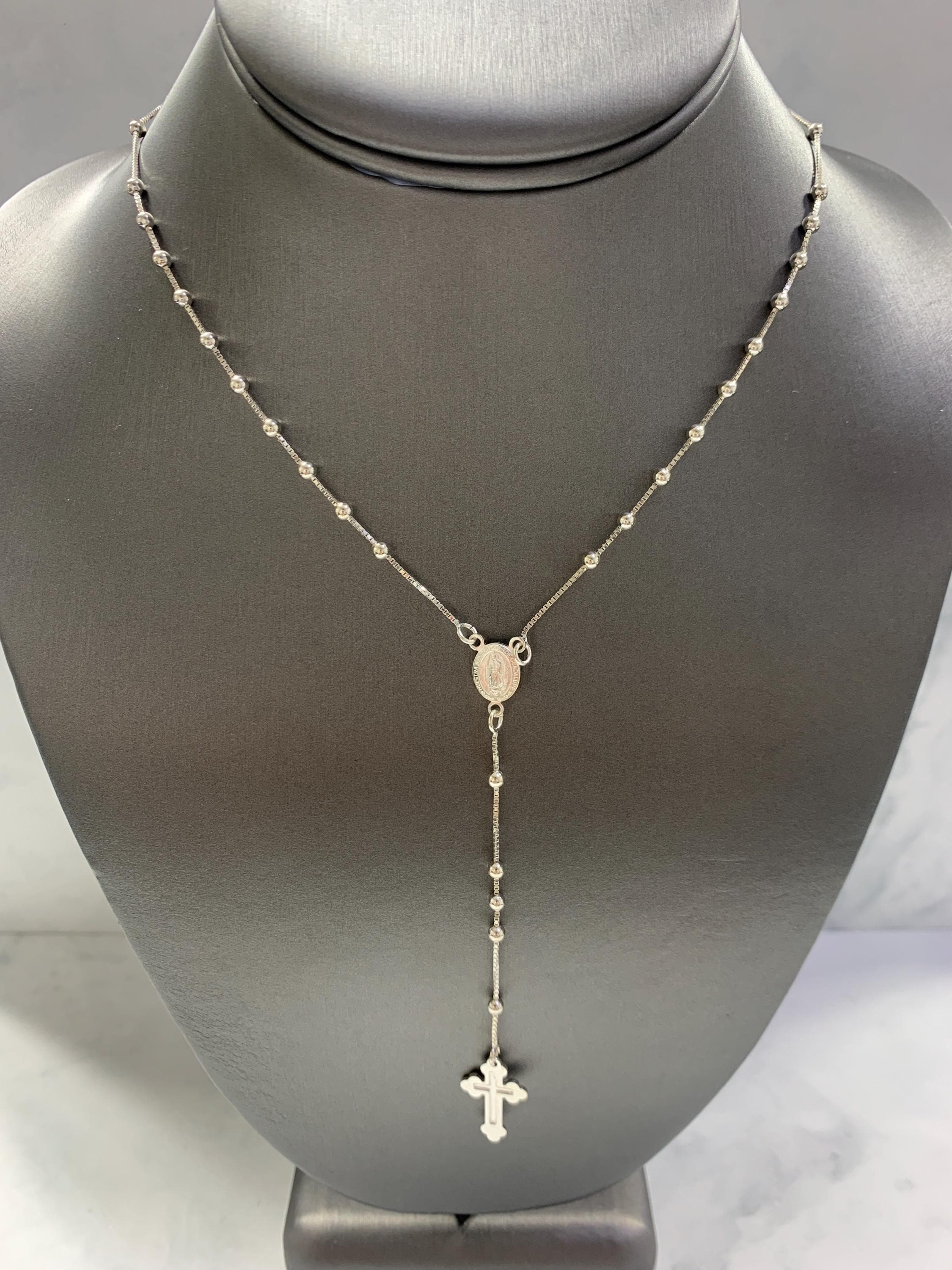 Rosary Necklace 925 Sterling Silver Womens Mother Mary Virgin Mary