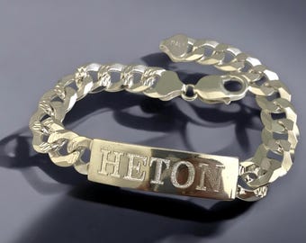 Solid 925 Italian Sterling Silver Diamond Cut Curb Cuban Heavy Link Personalized ID Engravable Bracelet For Men 10mm 11mm 12mm