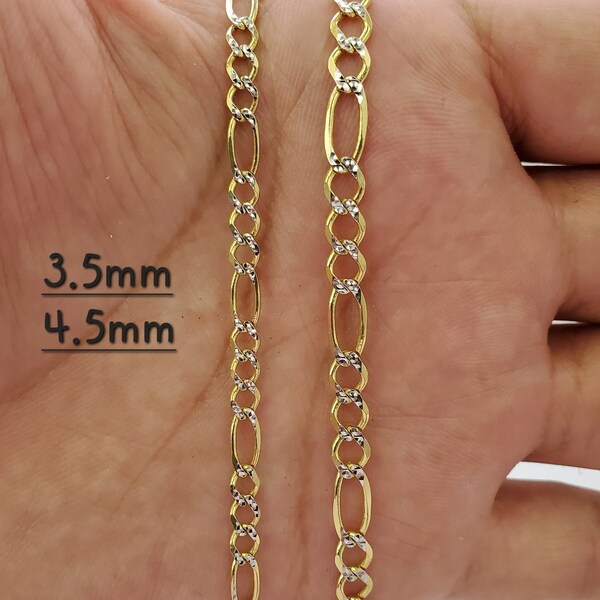 Solid 14K Two Tone Pave Yellow and White Gold Figaro Link Bracelet or Beach Anklet For Men/Women