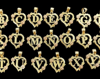 10K Solid Yellow Rose Gold Heart Initial Letter Pendant  A-Z Any Alphabet Flower Charm