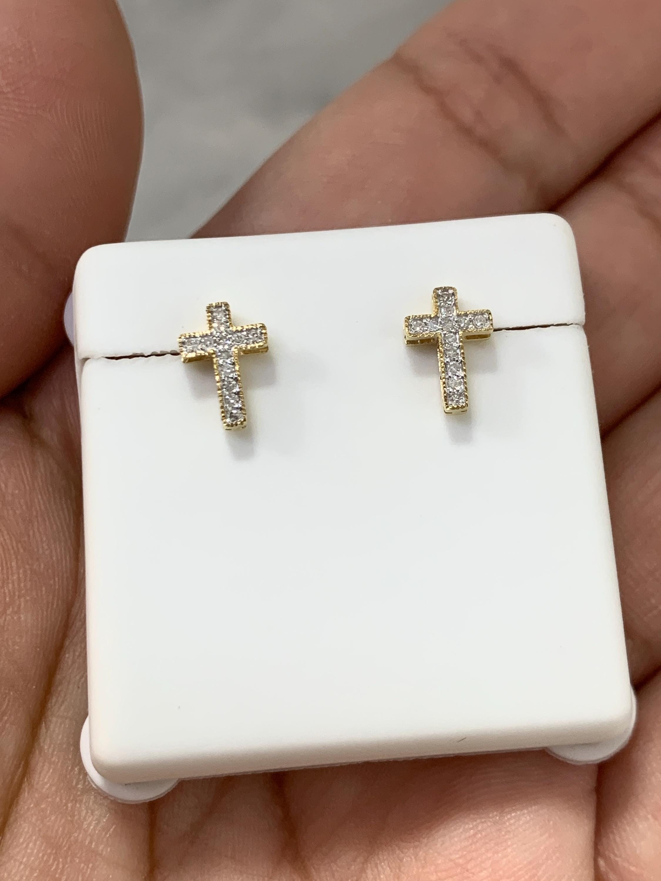 Borchie Orecchini A Croce In Argento 925 Placcato Oro 14K, Con Zirconi, Confezione Regalo