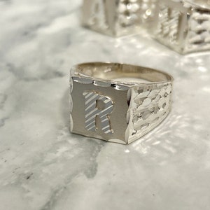 Anillo para hombre con inicial de plata esterlina maciza 925 auténtica, letra del alfabeto, plata italiana con corte de diamante, regalo para el Día del Padre.