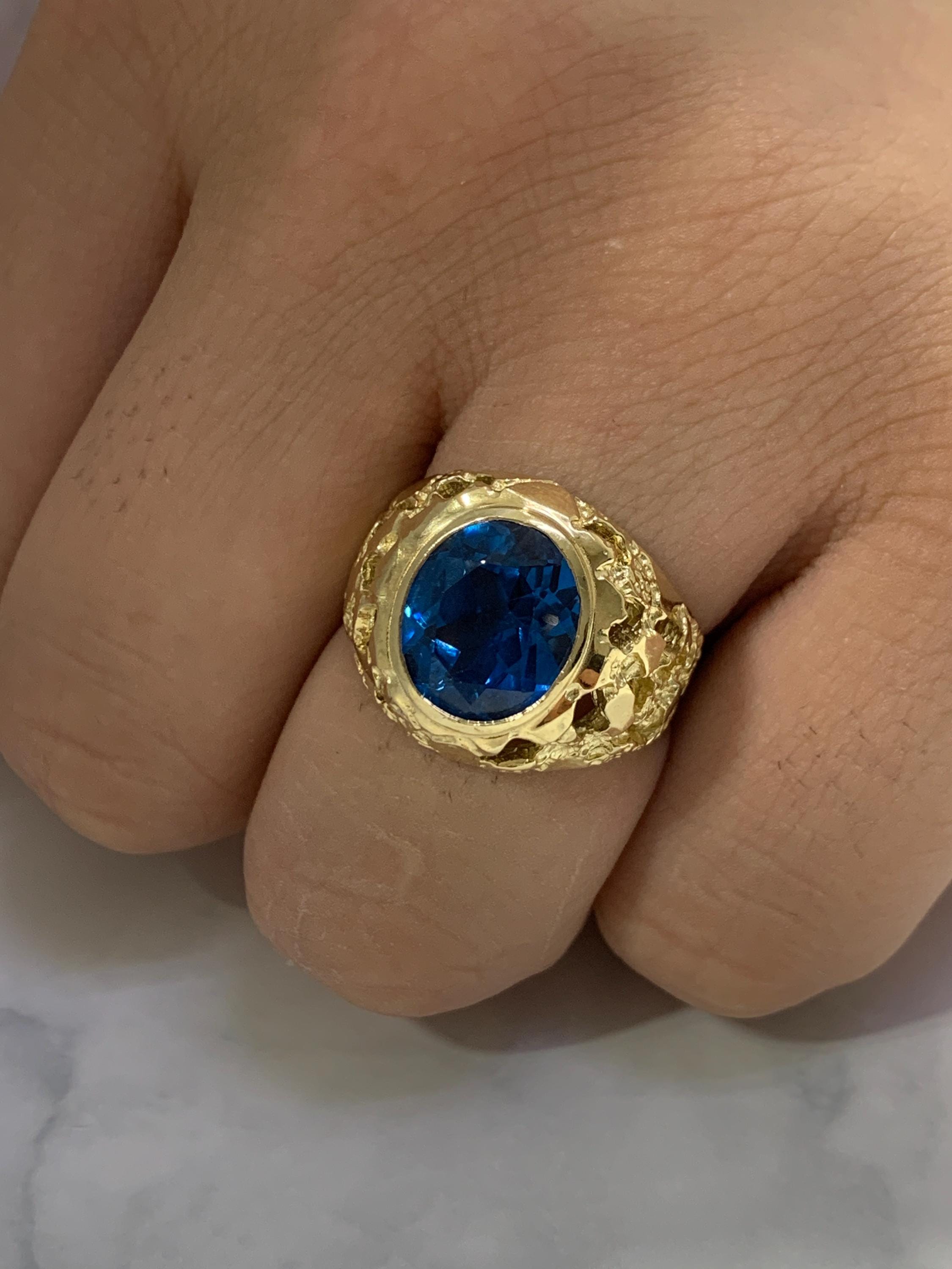 Real Solid Gold 10K 14k Solid Yellow Gold Mens Color Stone Shape Ring Oval Stone 10 Karat 14 karat Ring Sapphire Blue Ring Nugget Style