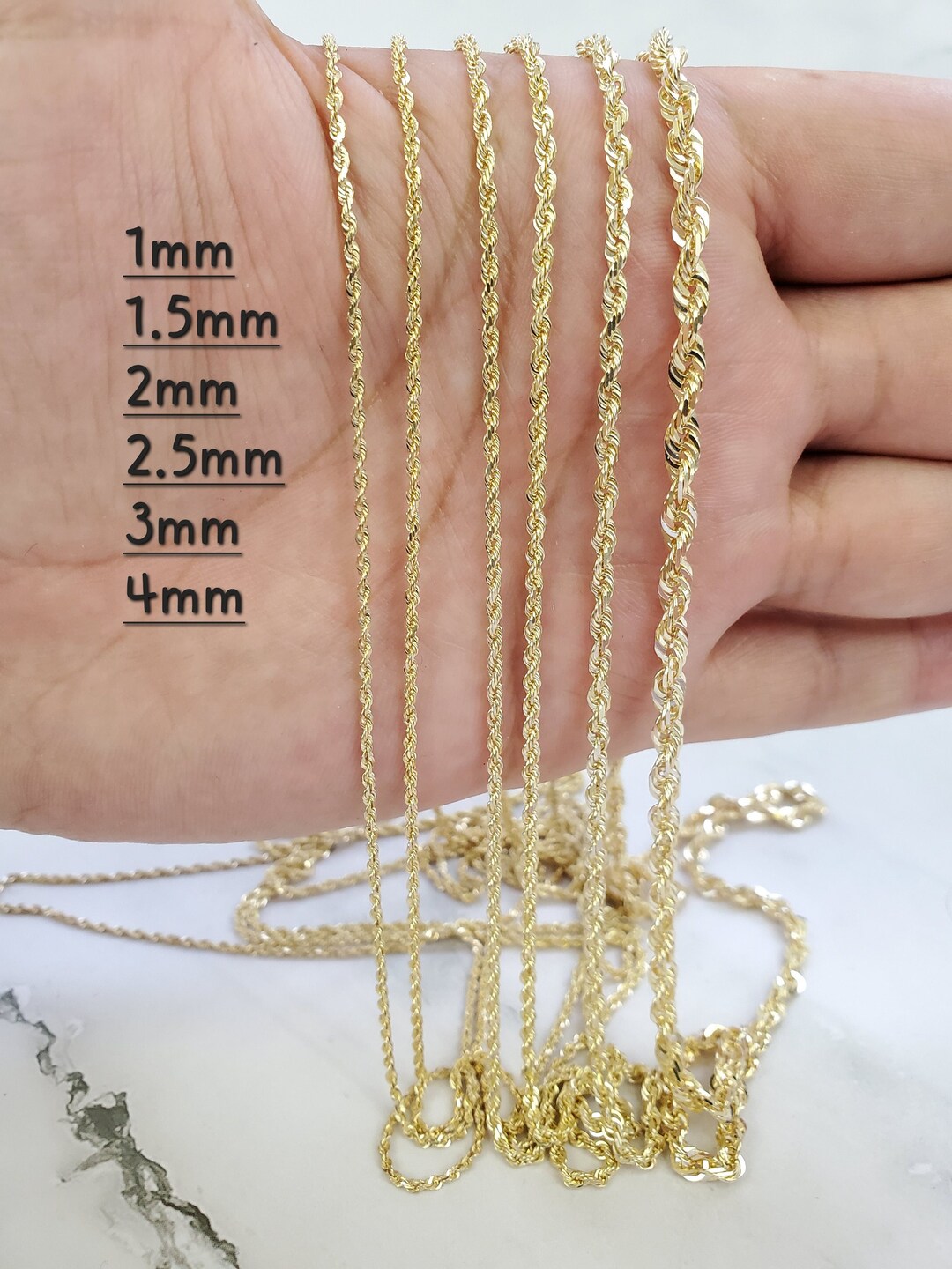 Solid Gold 10K Yellow Gold Rope Chain Necklace Jewelry for Men and