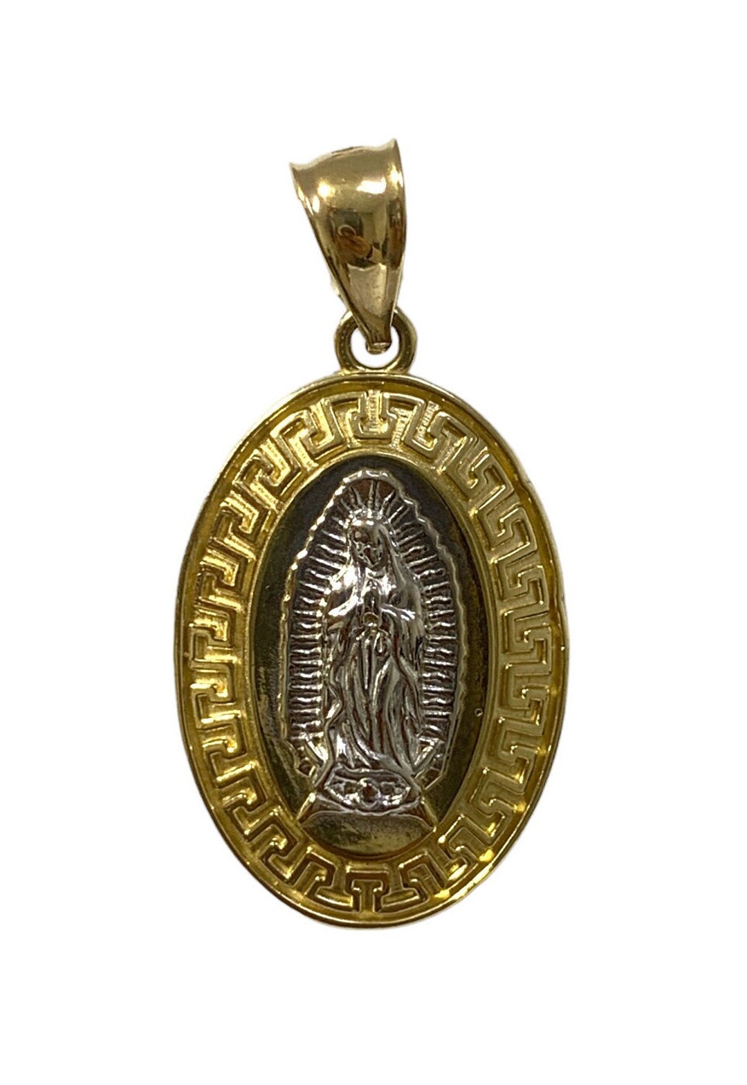 14 Karat Real Solid Oval White & Yellow Gold Mother Virgin Mary Pendant ...