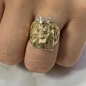 Mens Real Gold 10K Jesus Face Cross Solid Yellow Gold 10 Karat Ring Anillo Mens Jewelry Square, anillo de la cara de Jesús