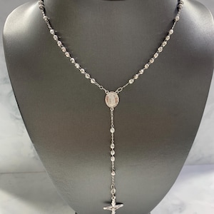 Rosary Necklace 925 Sterling Silver Mother Mary Virgin Mary and Cross Necklace Crucifix Beaded Chain Rosario Real Silver Plata 4mm 22&quot;