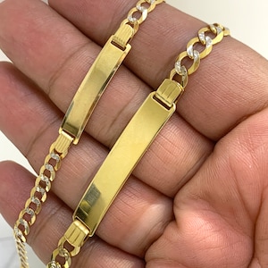 10K Solid Yellow and White Gold Diamond Cut Cuban Curb Link Personalized ID Engravable Bracelet For Men and Women FREE ENGRAVING