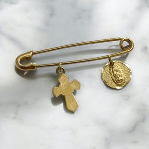 14k Yellow Gold Baby pin. Gold Safety pin, 14 KaratGold Guadalupe and Cross Safety Pin Brooch, baby shower gift or newborn Gift, cross