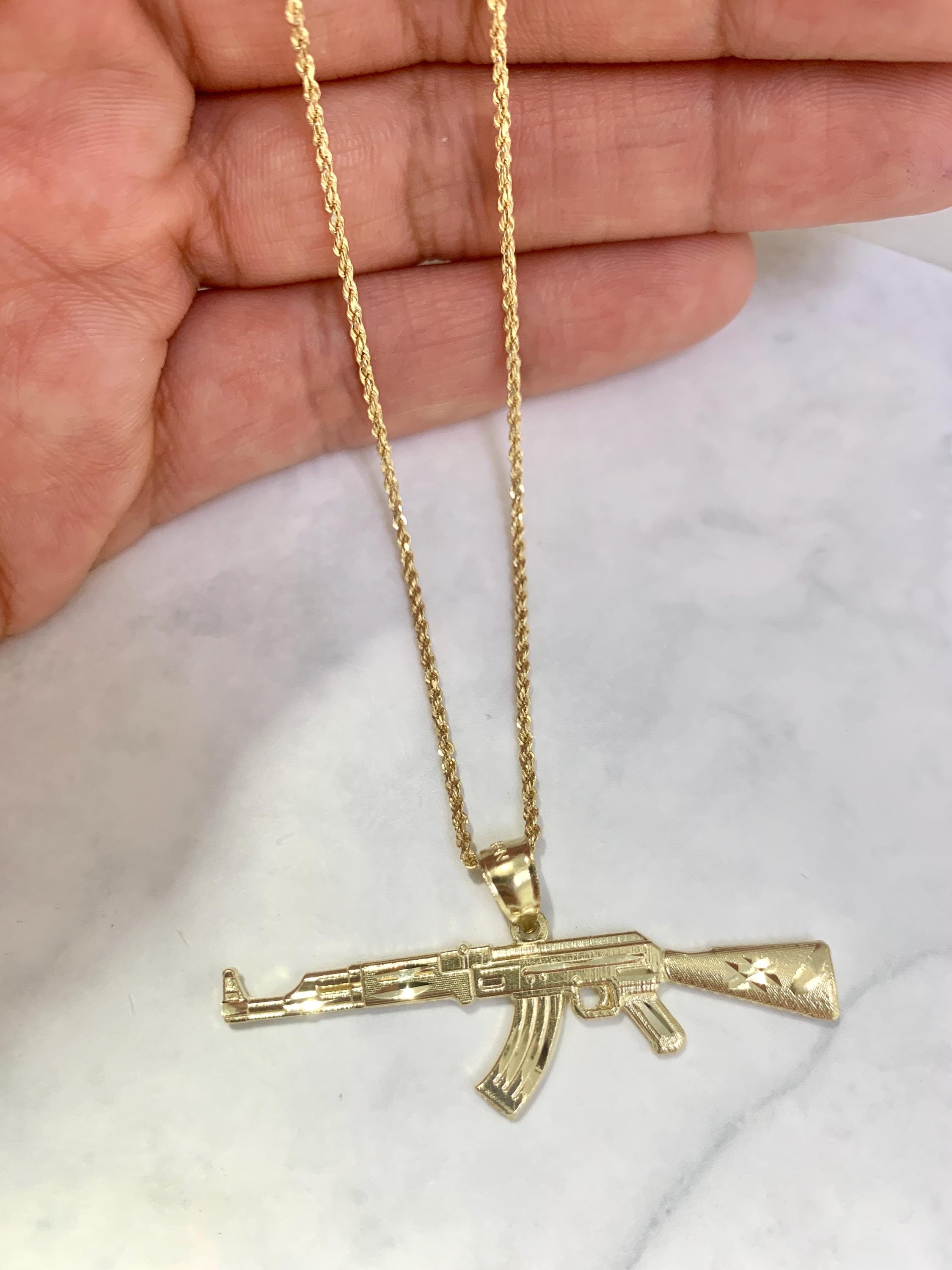 10K Solid Yellow Gold Gun Ak 47 Charm Pendant 2 Inch Long Pendant