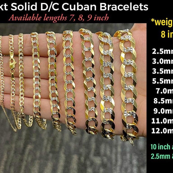 Solid 10K Two Tone Pave Yellow and White Gold Cuban Curb Link Bracelet or Beach Anklet For Men/Women