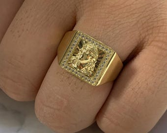 Mens Real Gold 10K Jesus Face Cross Solid Yellow Gold 10 Karat Ring Anillo Mens Jewelry Square