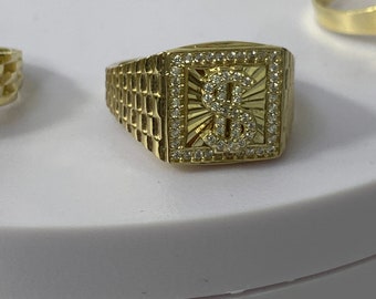 14K Solid Yellow Gold Dollar Sign Stud Earrings - $ Money Dia Cut