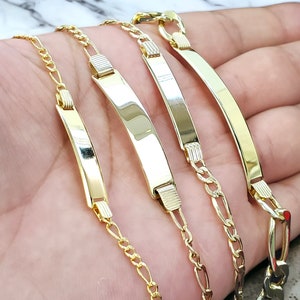 Pulsera Figaro Link de oro amarillo de 10 quilates con identificación personalizada y nombre grabable para niños, hombres y mujeres, personalizados en todos los tamaños GRABADO GRATIS