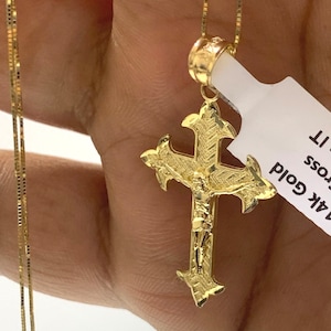14k Solid Real Gold Cross Crucifix Necklace Religious Solid Gold Charm Pendant Charm Jewelry With Box Chain Necklace 14k Real Gold Cross