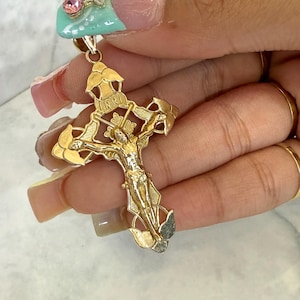 14k Solid Real Gold Cross Crucifix Necklace Religious Solid Gold Charm Pendant Charm Jewelry 14 karat Real Gold Cross For Mens and Women
