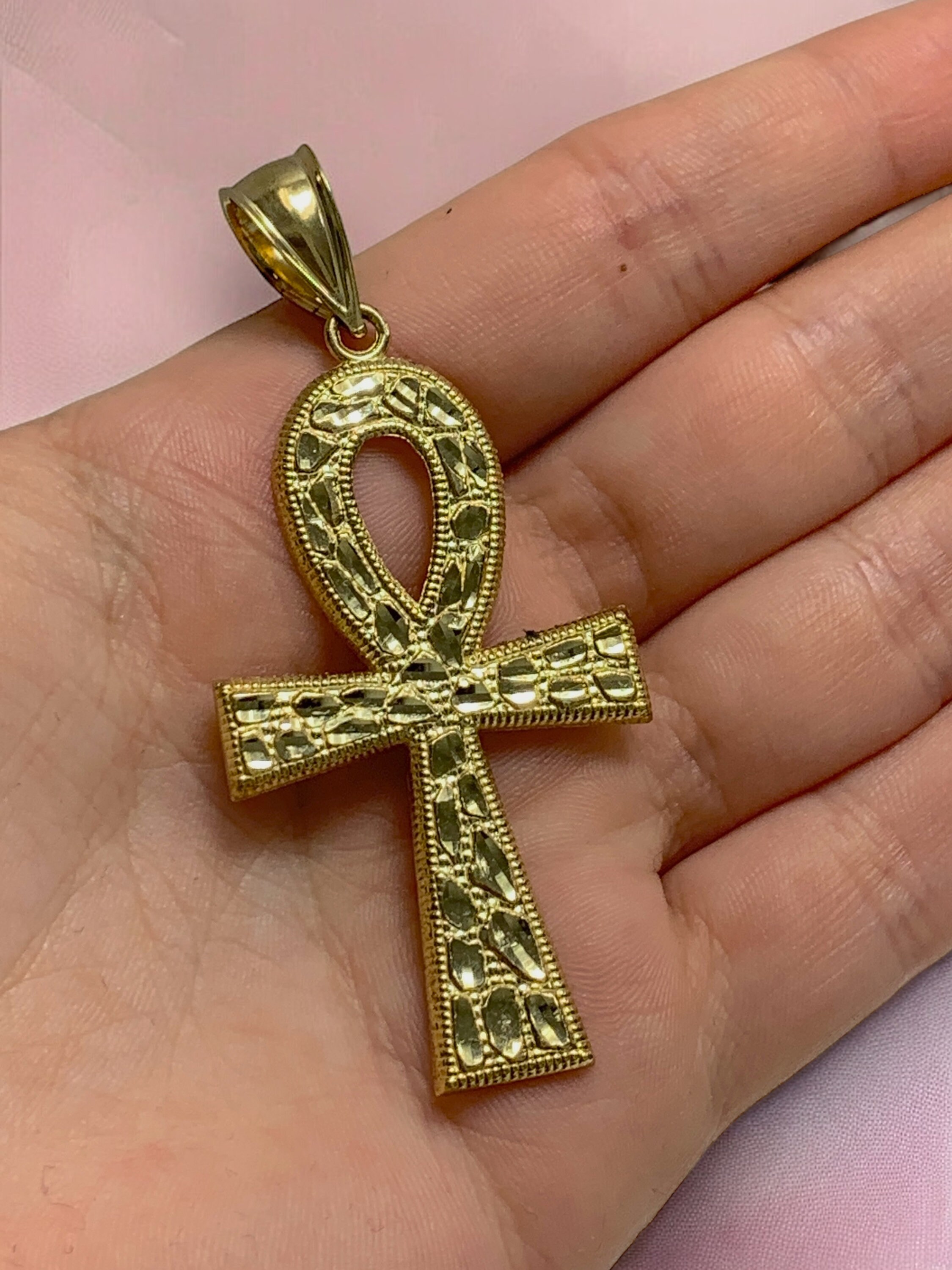 RoiTresor アンククロス 10kネックレス ゴールドアンク ハン 10K Nugget Solid Gold Ankh Cross Pendant Gold Egyptian Charm