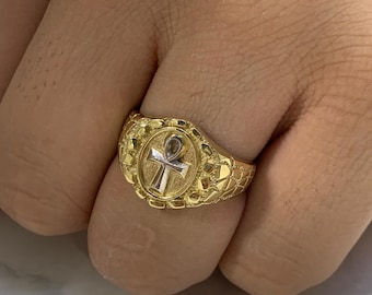 Mens Real Gold 10K Ankh Egypt Cross With Loop Solid Yellow Gold 10 Karat Ring Anillo Mens Jewelry Nugget Round