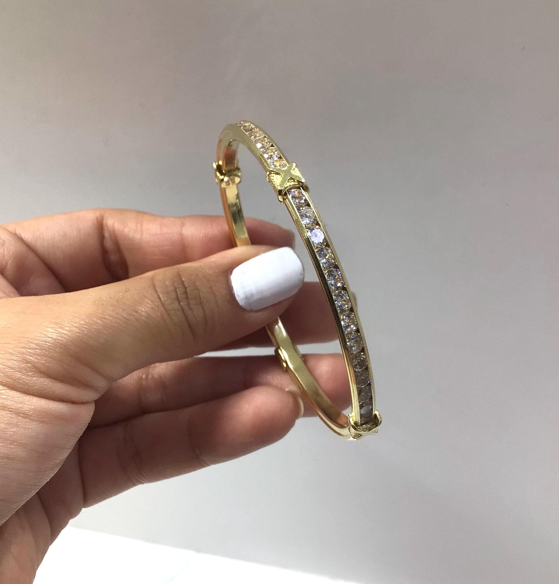 Real 10K Solid Yellow Gold Cubic Zircon Stones CZ Cuff Bracelet