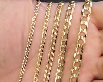 May include: Five gold chains of different widths, laid out on a hand, with the widths labeled in millimeters: 3 mm, 3.5 mm, 4.5 mm, 5.5 mm, and 7 mm.